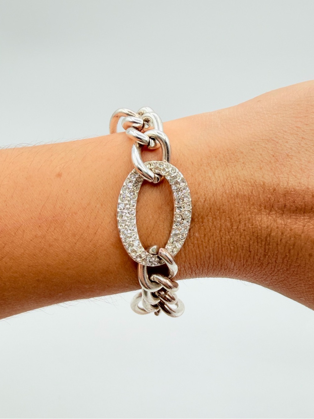 SAQ Silver Tone Crystal Link Chain Bracelet Adjustable